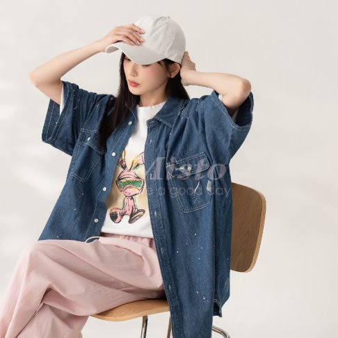 【MISTO SHOP】韓系 刷舊潑漆 單寧襯衫 ｜男裝女穿｜圈圈自留款｜中性穿搭｜夏季丹寧