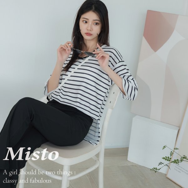 【MISTO SHOP】正韓 條紋休閒套裝組 / 上衣+黑褲 / 2色 / 現貨