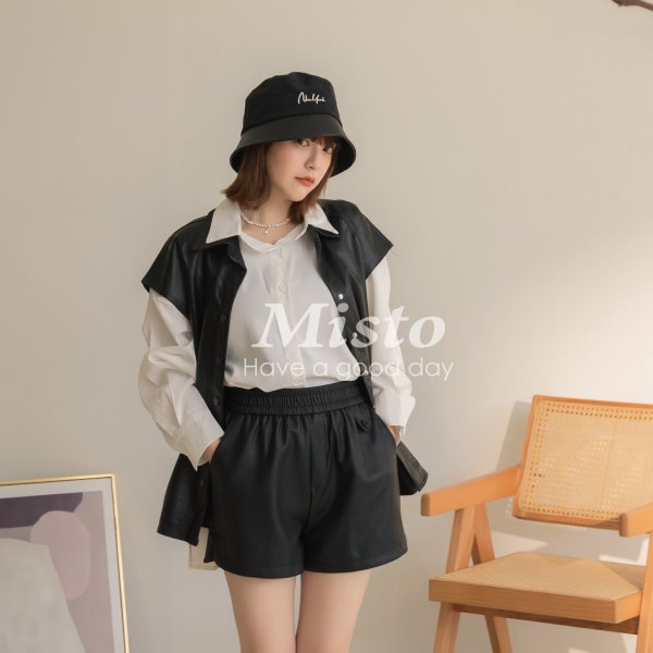 【MISTO SHOP】正韓 鬆緊腰皮革短褲｜口袋皮革短褲