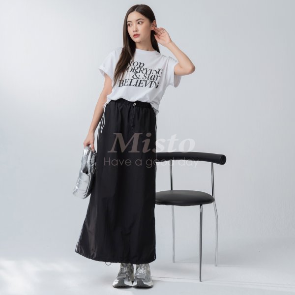 【MISTO SHOP】正韓 抽繩滾邊尼龍長裙｜尼龍裙｜現貨